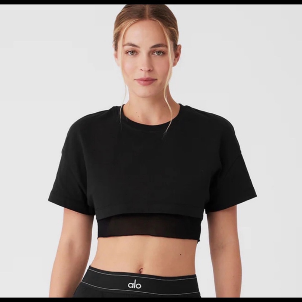 ALO yoga black cropped top with sheer top